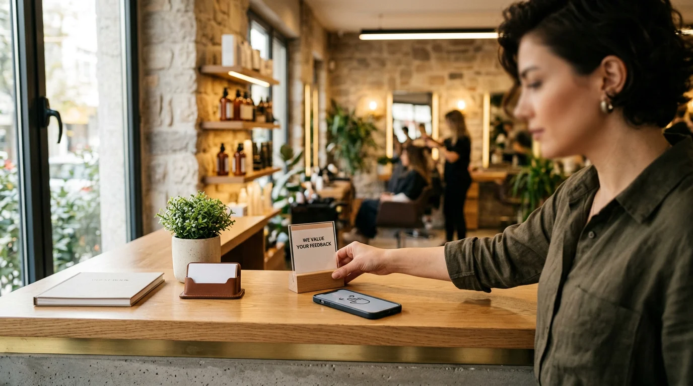 Kuaför salonunda yorum kartı ve QR kod karşılaştırması